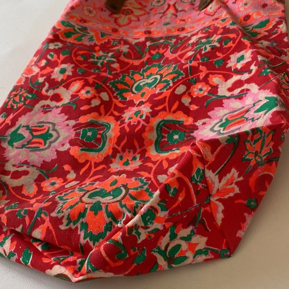 Floral boho sack tote bag with suede style straps